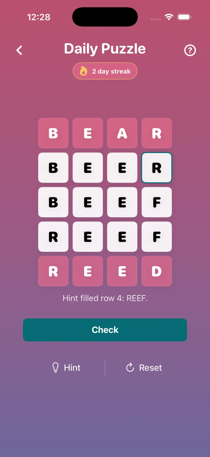 Word Ladder Daily puzzle screen showing a hint for the next word.